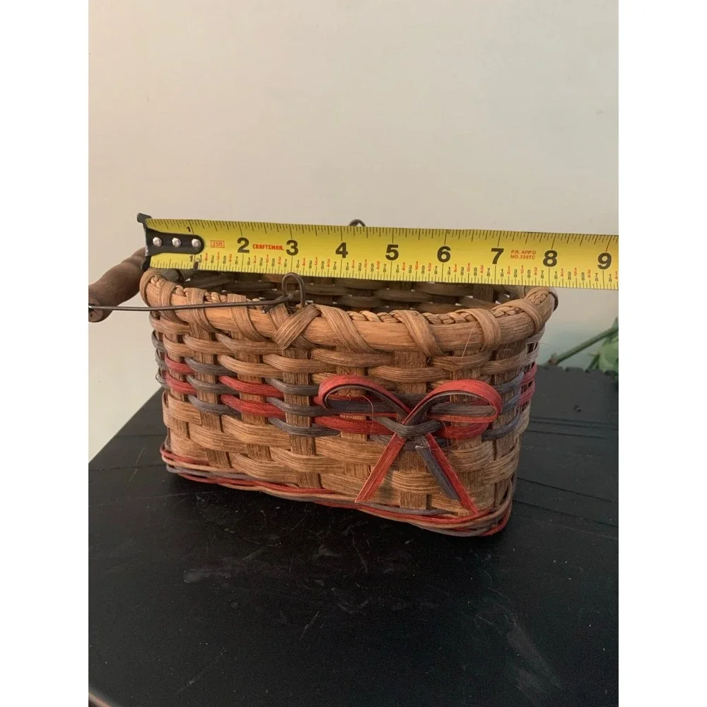 Vintage Mini Woven Basket Wire Handle Wooden Grip Country Decor Bow